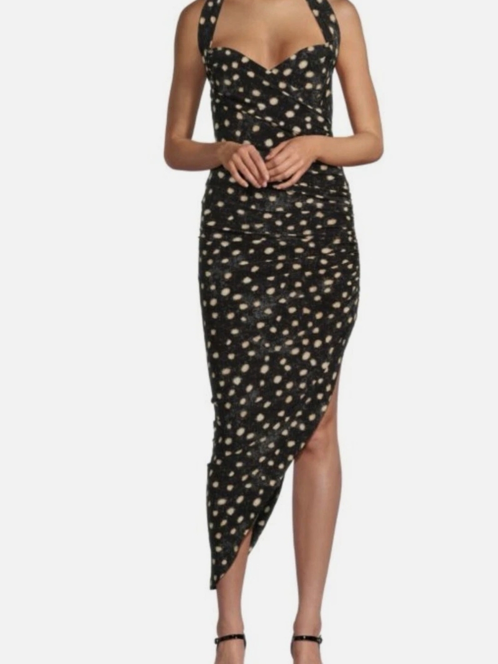 Norma Kamali Black Halter Polka Dot Asymmetric Midi Dress